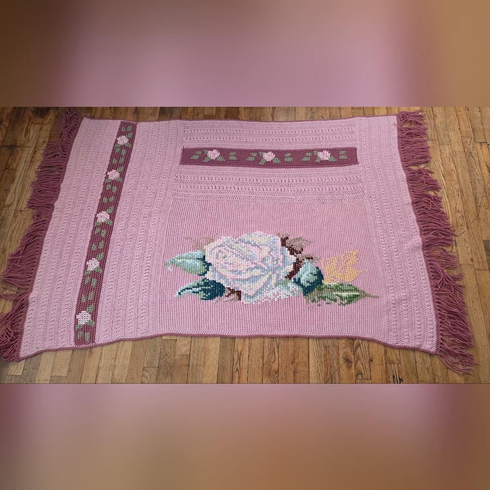 Handmade Crochet Afghan Blanket W/Rose Motif Pink